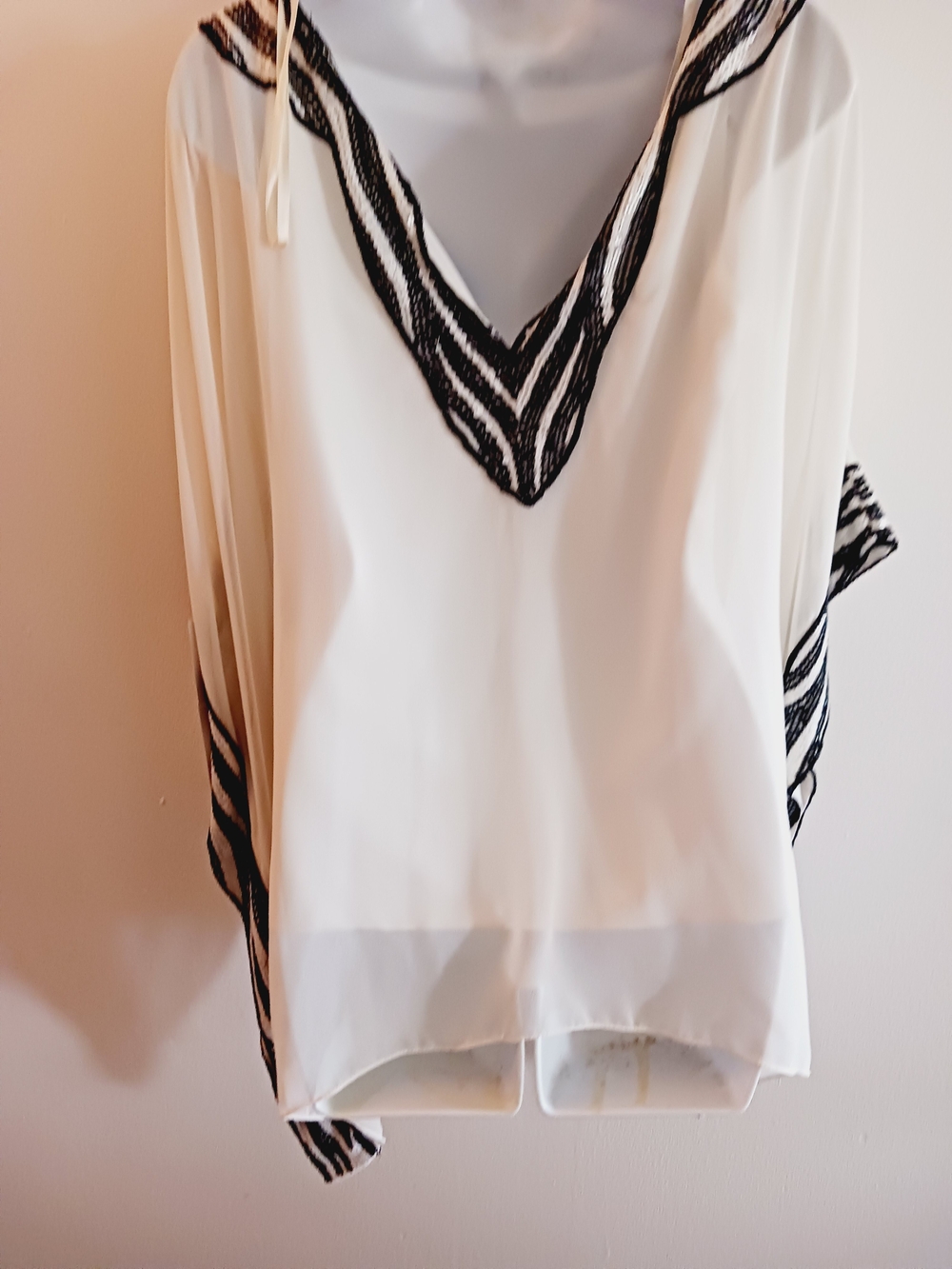 White Chiffon V-Neck Tunic with Black Trim